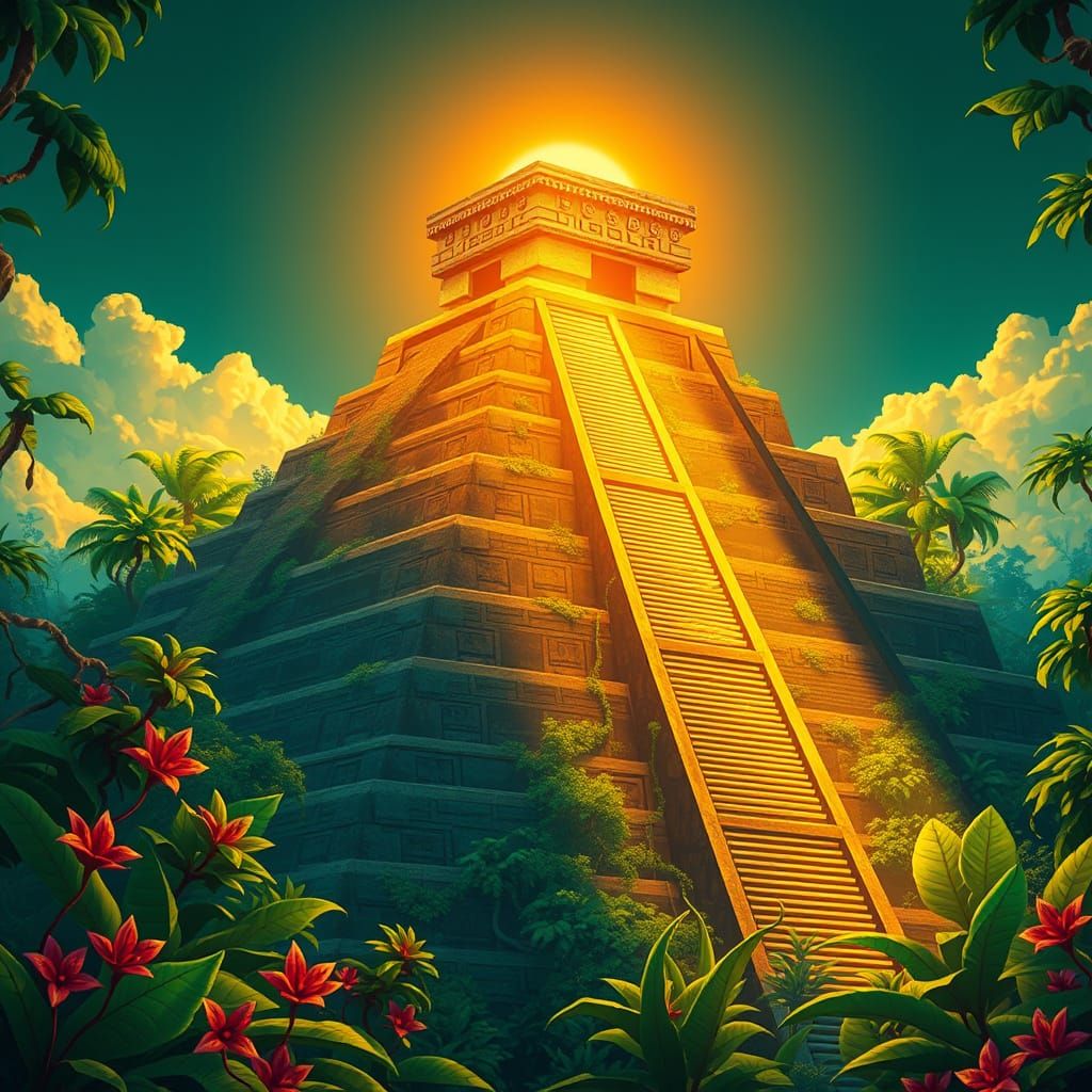 Historical Aztec Pyramid Rises from Emerald Jungle in Golden...