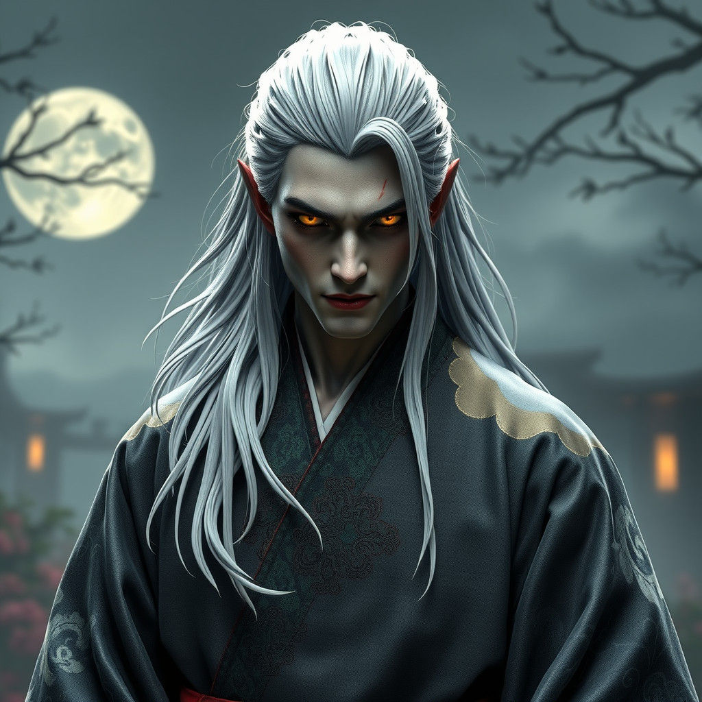 Vampire Samurai in Moonlit Garden: 3D Render
