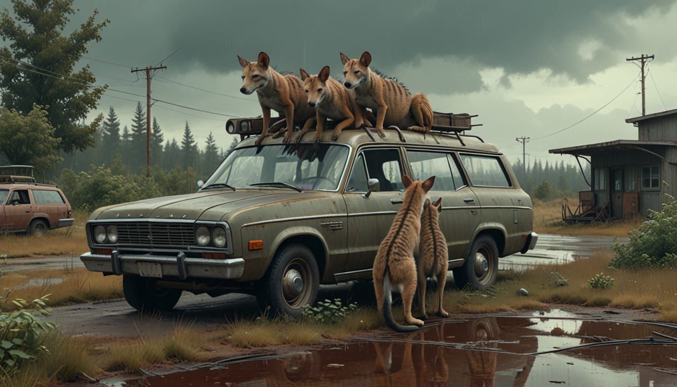 Thylacine Family in Abandoned Car, in Digital Art Style