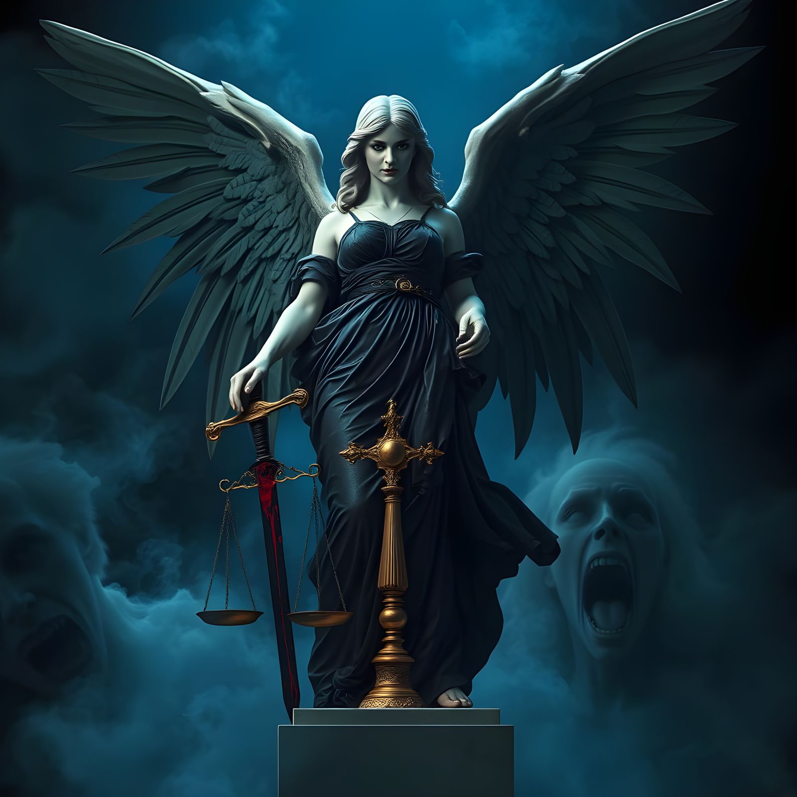 Creepy Angelic Statue with Sword on Scales of Justice