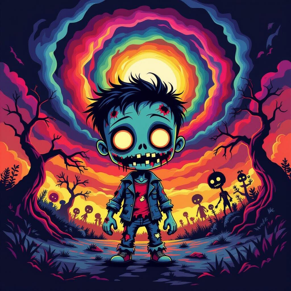 Chibi Zombie in a Dark Fantasy Landscape