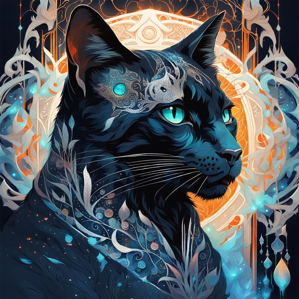 Black Feline Beast Portrait with Blue Fire Aura