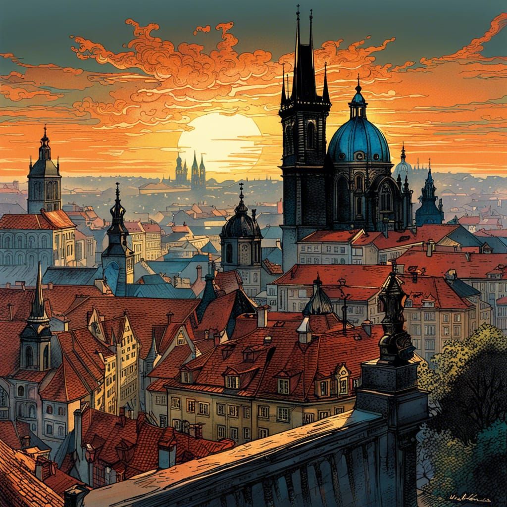 Prague Skyline in Detailed Matte Painting Style