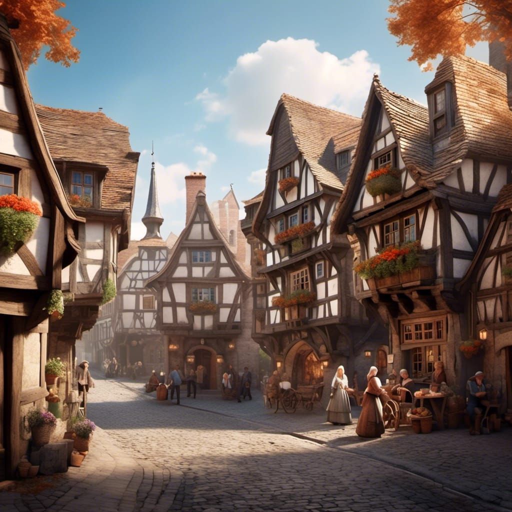 Medieval City Street with Half-Timbered Houses