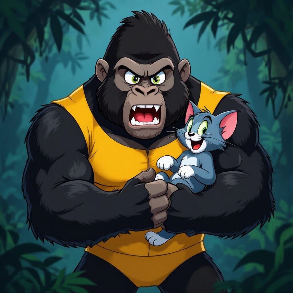 Angry Gorilla Holds Tom Cat in Dark Jungle