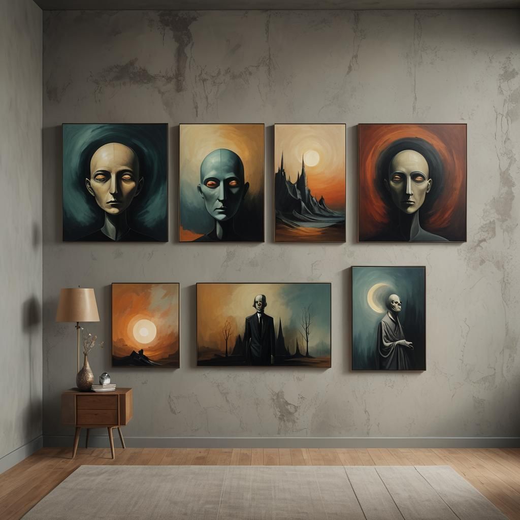 Surrealist Triptych in Minimalist Living Room