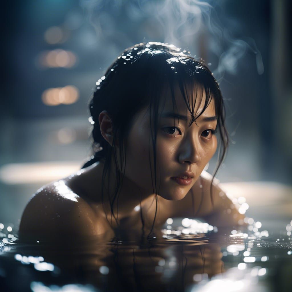 Cinematic Onsen Scene with Bathing Woman