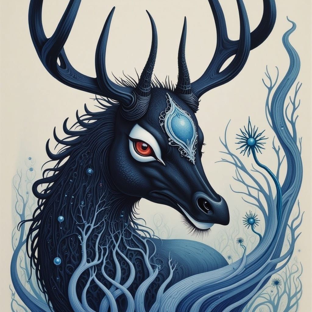 Dark Fairytale Stag Hybrid in Fantasy Art Style