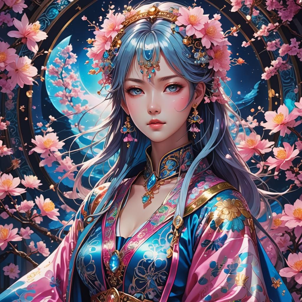 Fantasy Manga Woman in Neon Blossoms