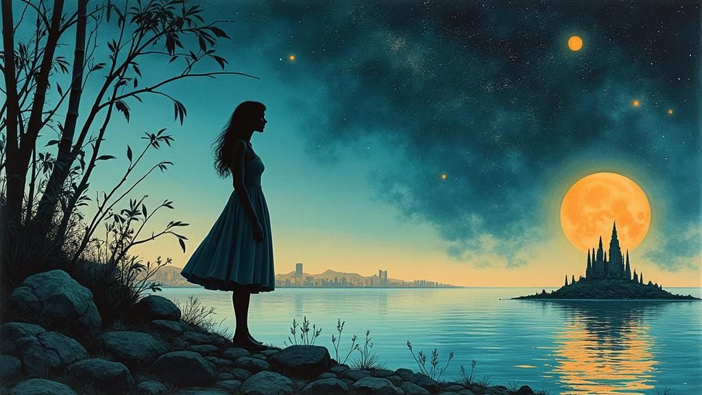 Surreal Cyborg Woman in Psychedelic Dreamscape