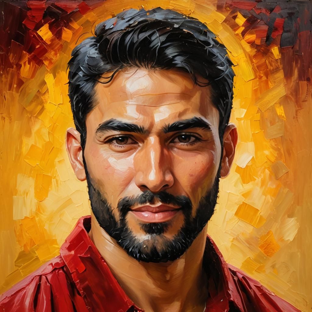 Impressionist Portrait with Golden Flames Background