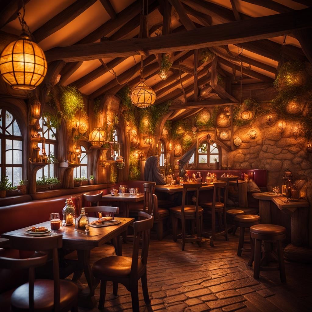 Cozy Fantasy Tavern Scene with Magical Food