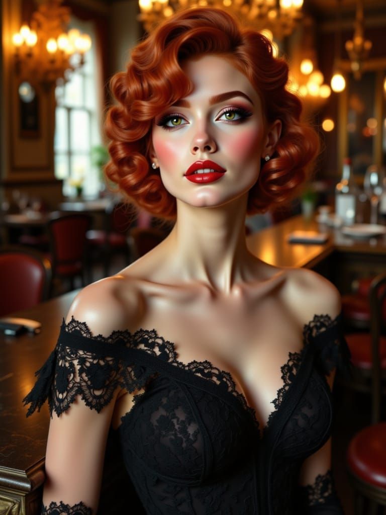 Glamorous Redhead Lady in Vintage Gown