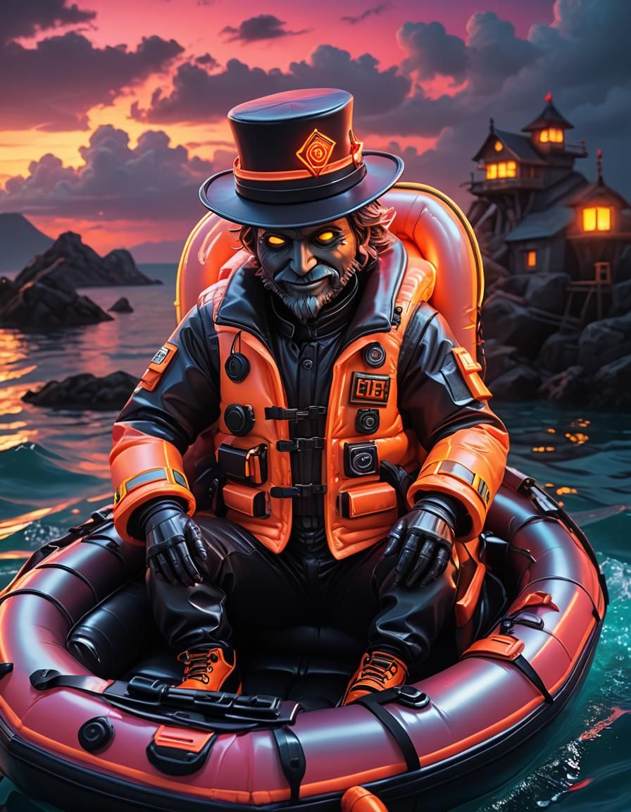 Neon Life Jacket and Top Hat Sunset Scene