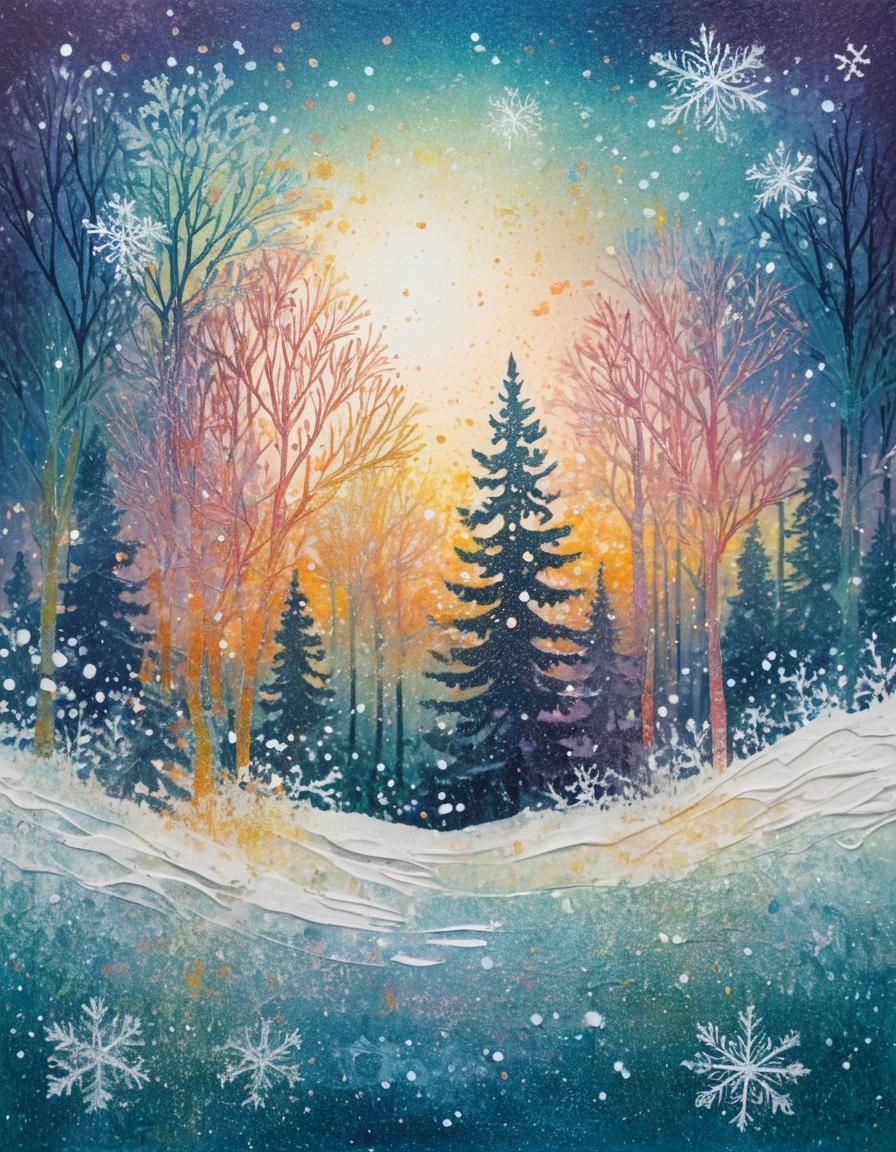 Dreamy Winter Forest Landscape with Iridescent Sparkle