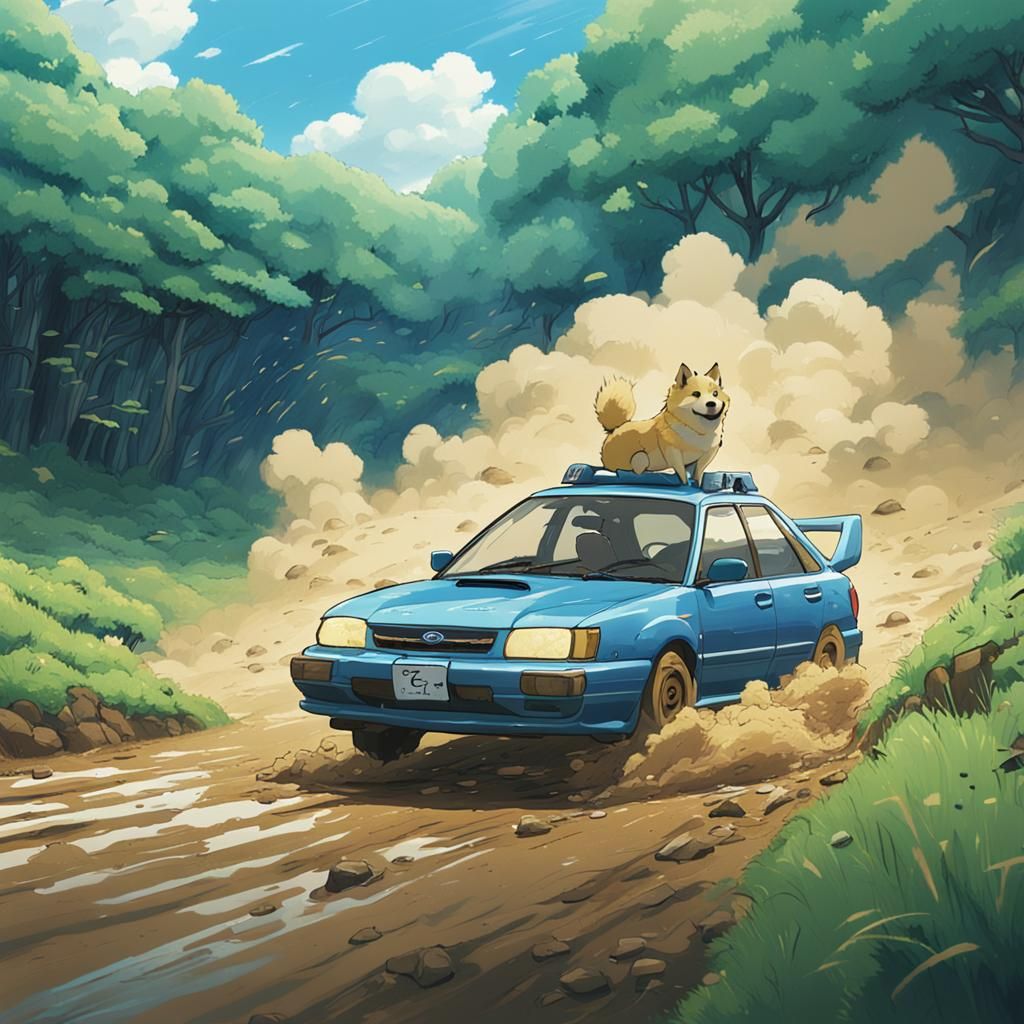 Doge Drifting in Subaru: Studio Ghibli Anime