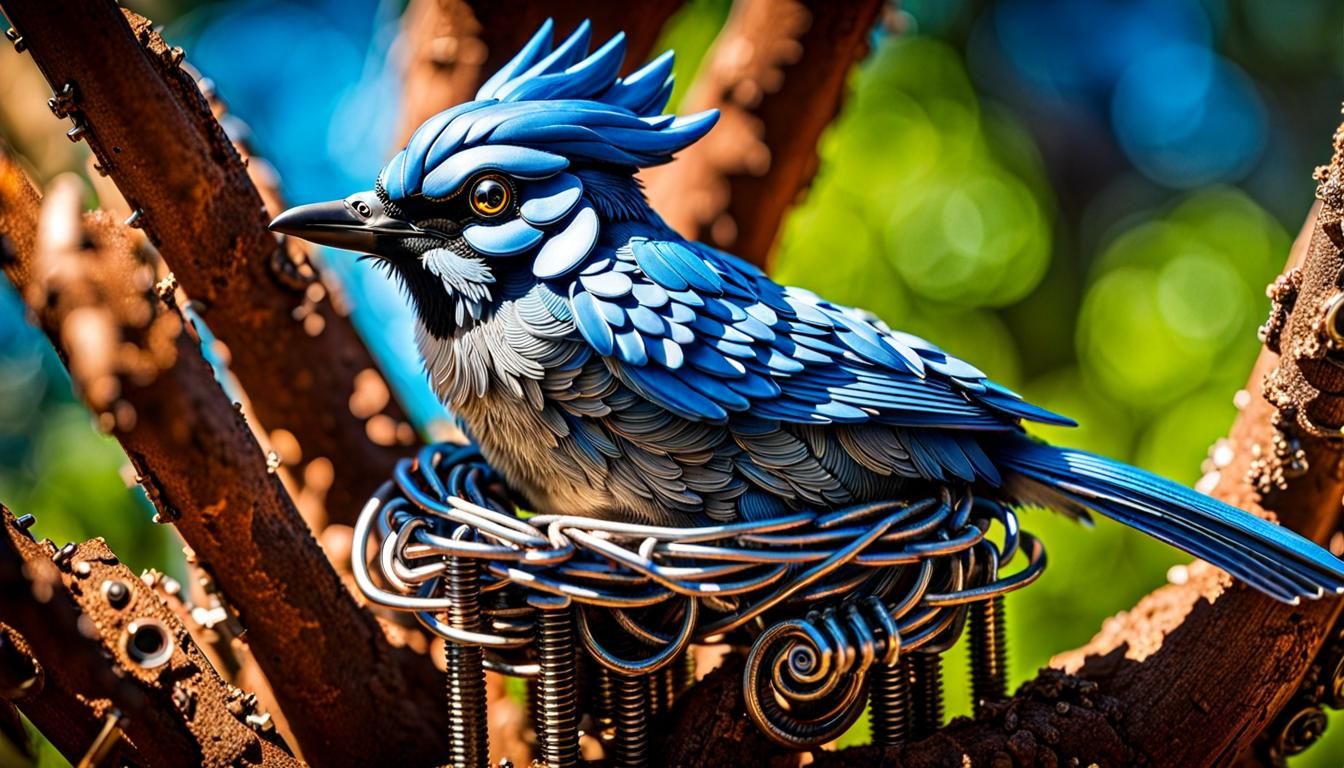 Steampunk Bluejay in Wire Nest, Detailed Art