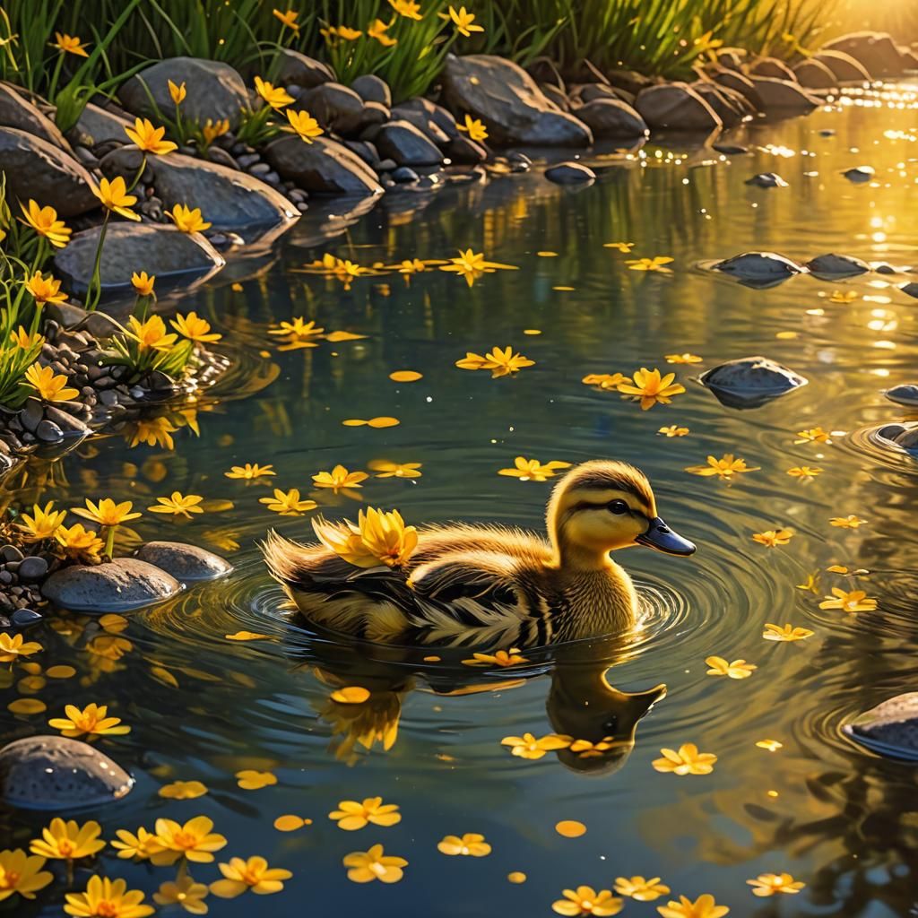 Enchanted Duckling in River at Sunset