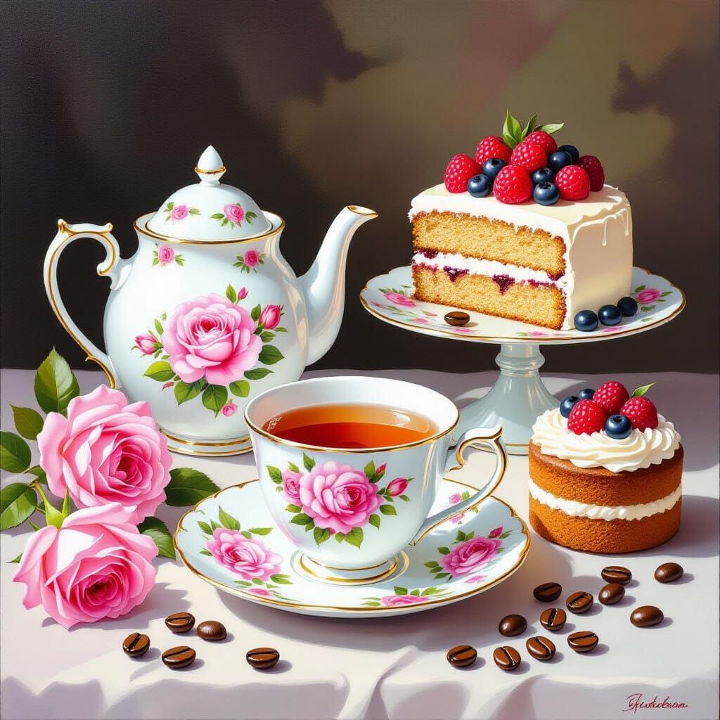 Exquisite Tea Set with Roses and Coffee Beans in Gouache Sty...