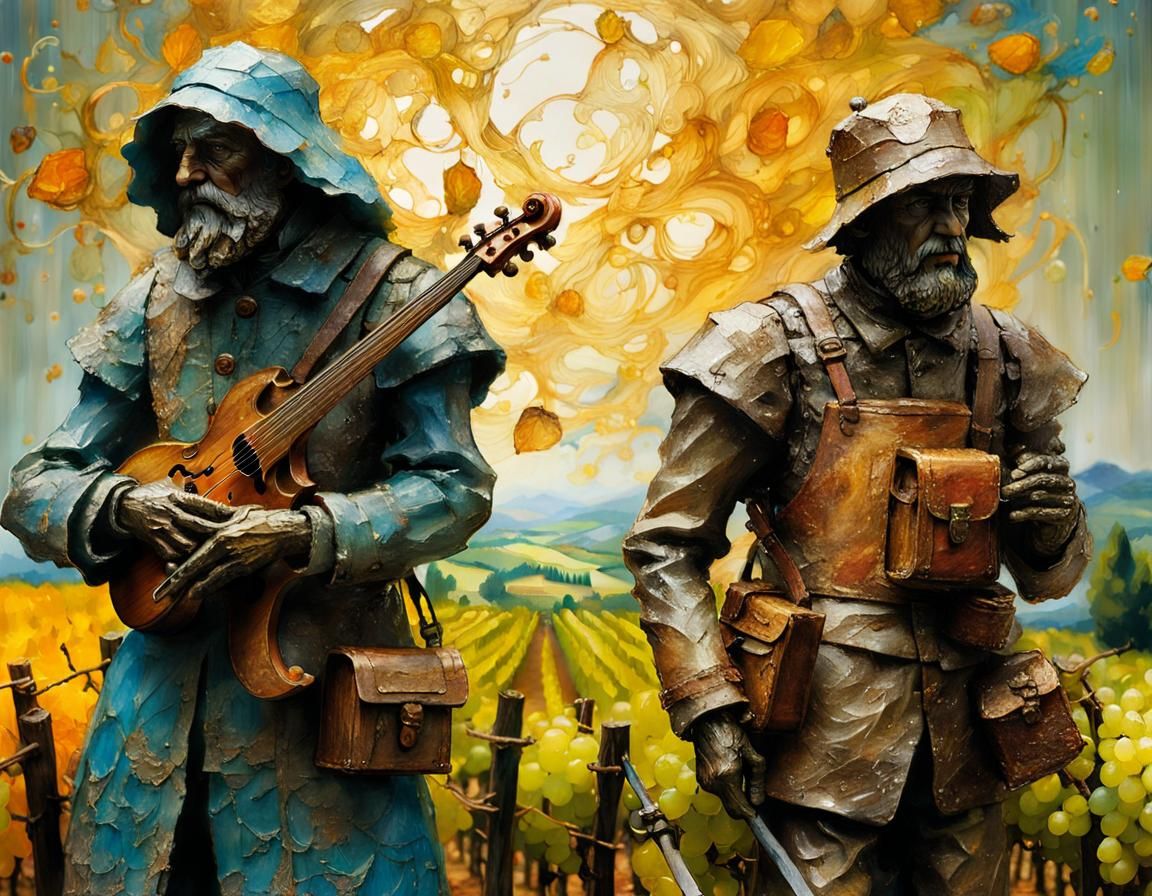 Renaissance Figures in French Vineyard, Hyperrealistic Style