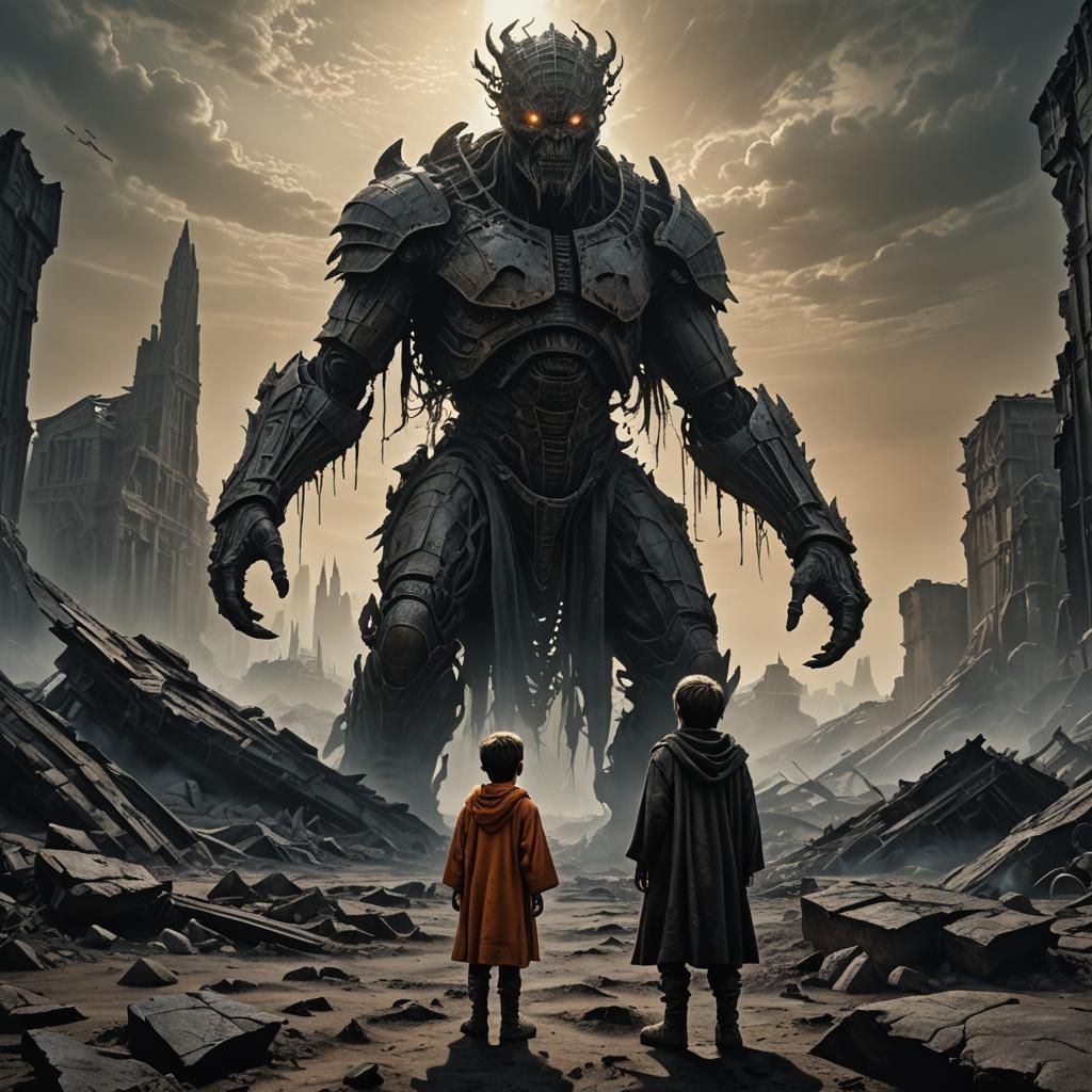 Boy Looks Up At Mythical Giant in Dystopian Wasteland