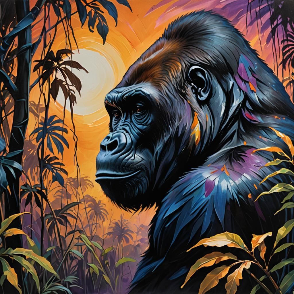 Gorilla Profile Reveals Sunset Jungle: Surreal Oil Painting