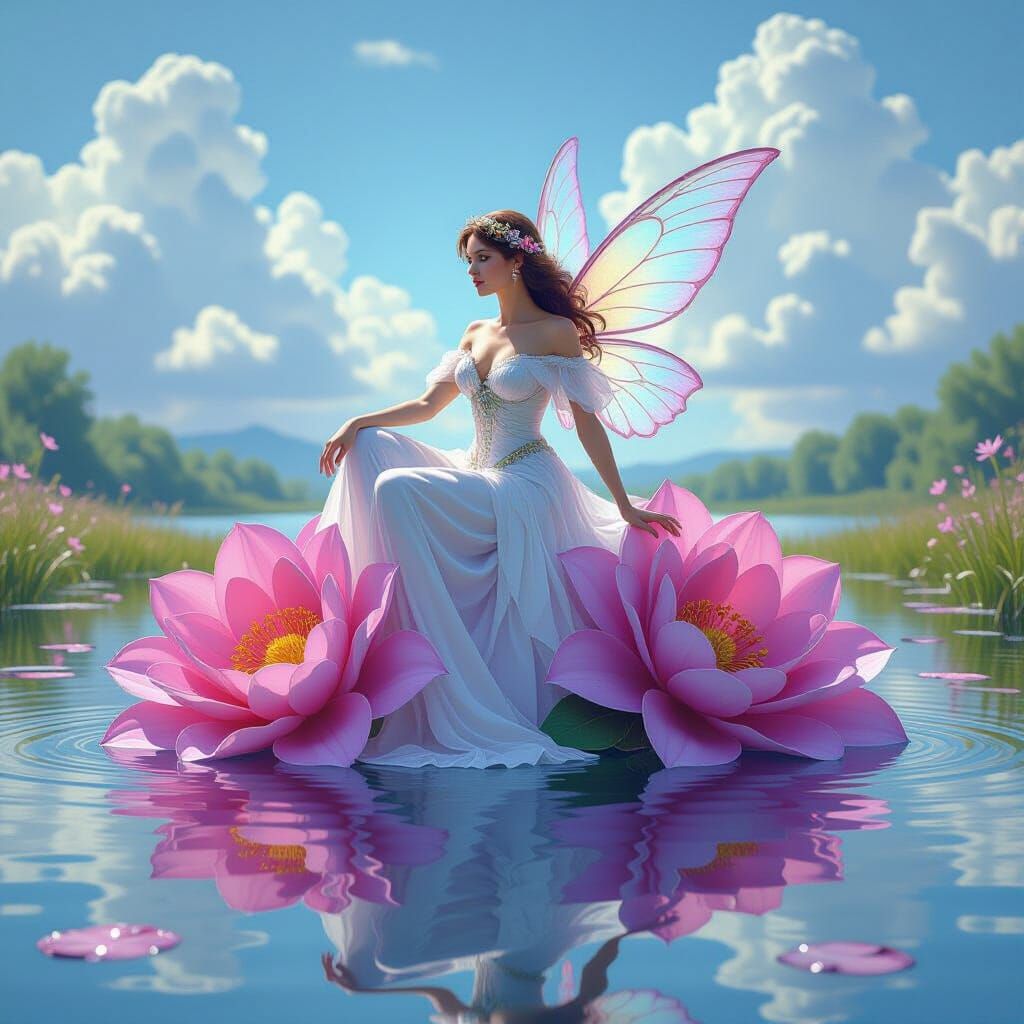 The new art of light and shadow, a Translucent shiny Fairy on big pink and purple flowers in front of a glass lake, clou...