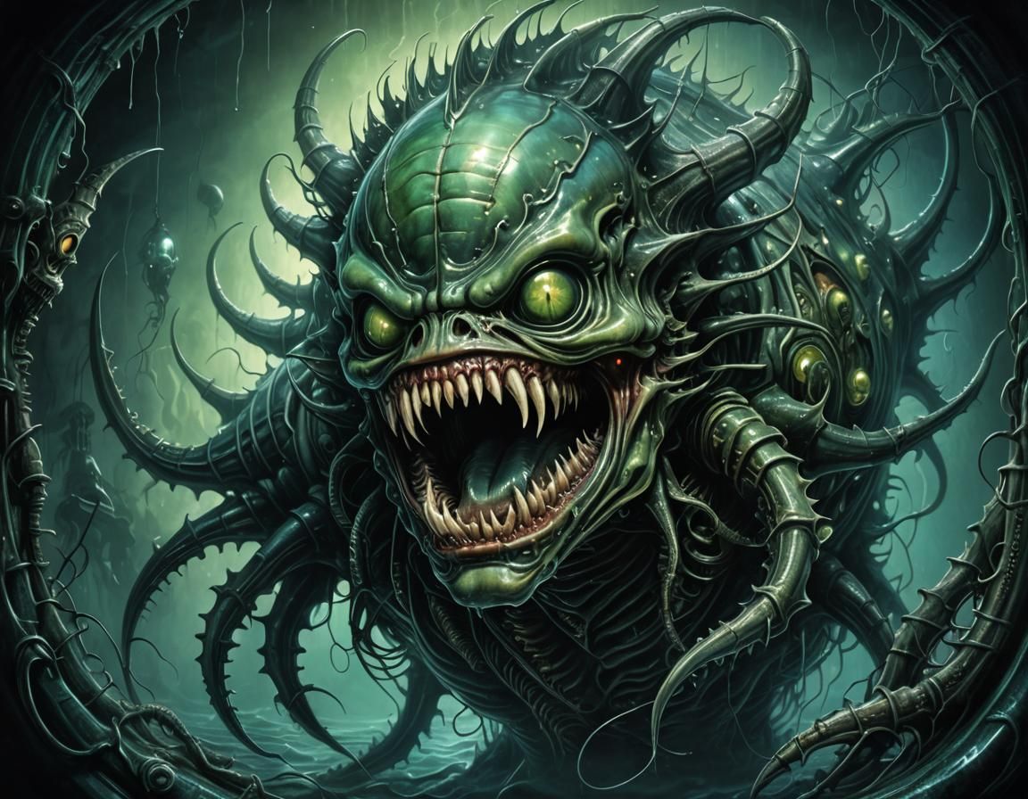 Bioluminescent Deep Sea Demon in Macabre Art Style