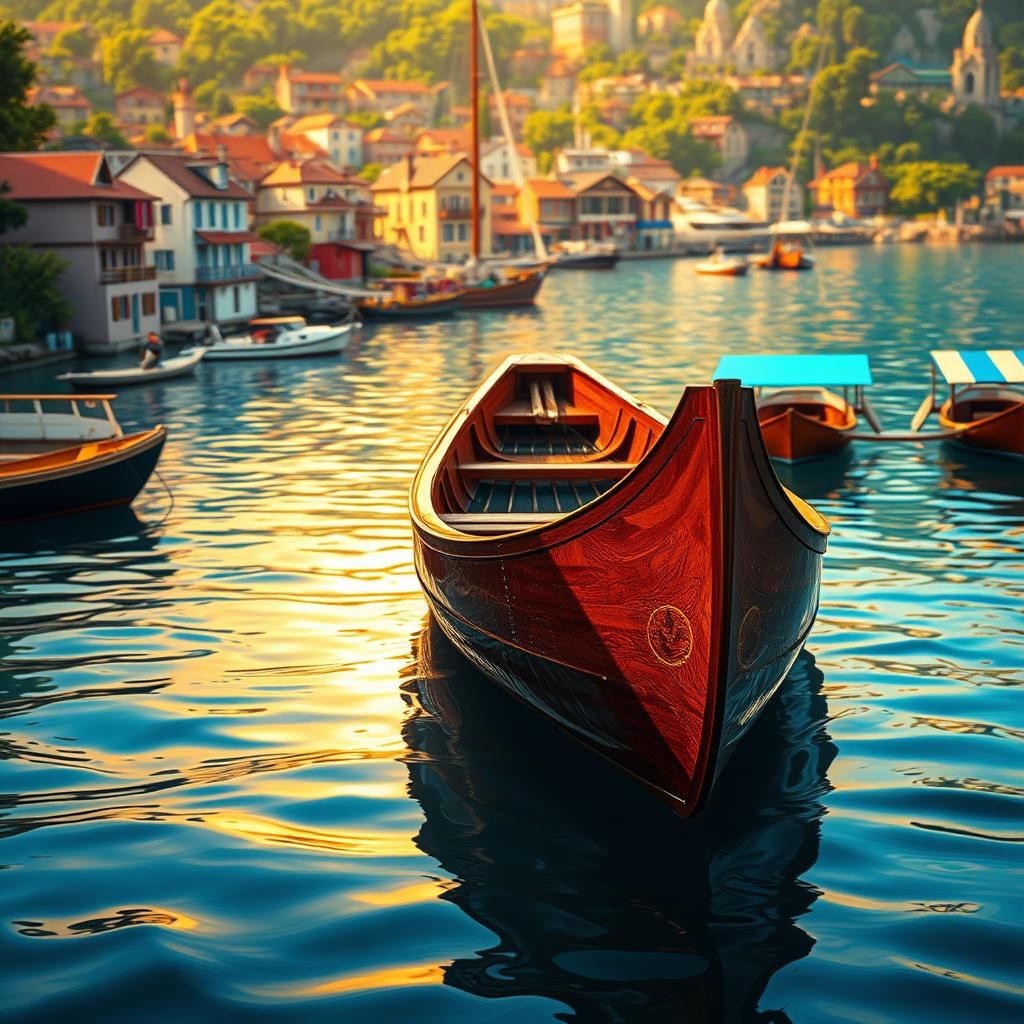 Canoe in Serene Harbor: Hyperrealistic Concept Art