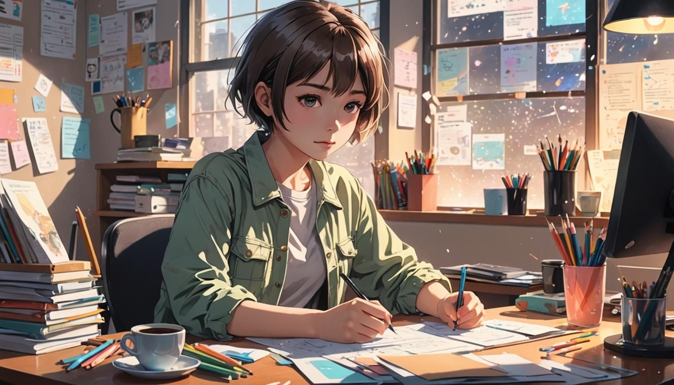 Anime Girl at Computer in Vibrant Pastel Art