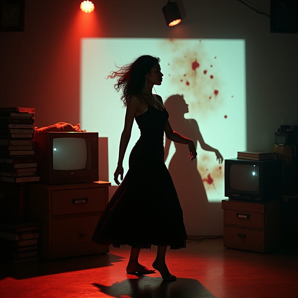 Woman Dancing on Stage with VHS Tapes: Cinematic Style