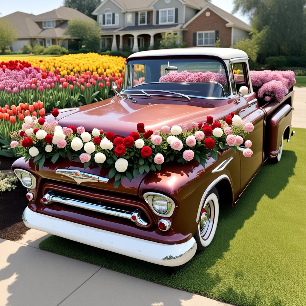 Classic Chevy Truck Bed Filled with Colorful Flowers