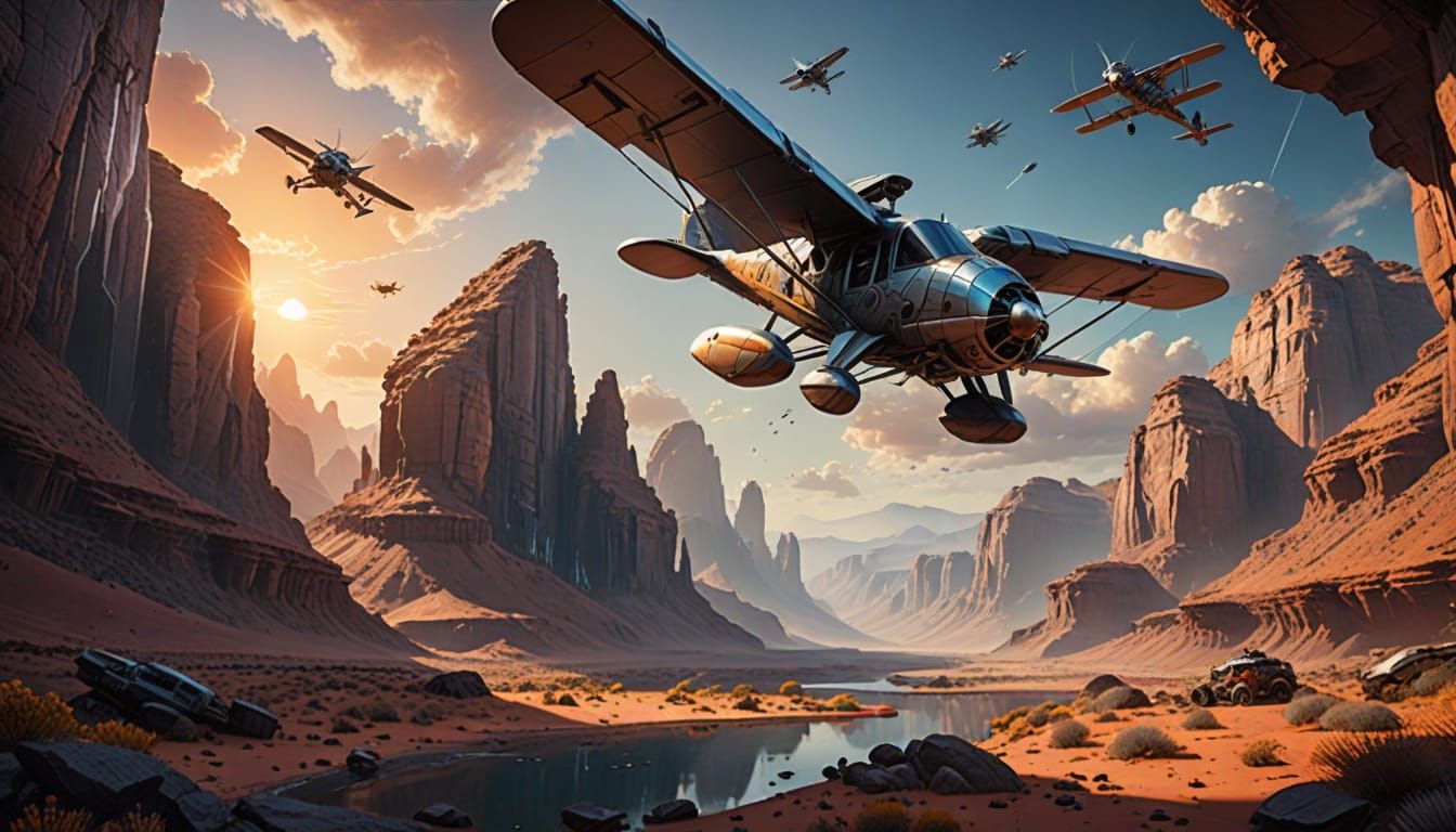 Futuristic Biplanes Soar Above Alien Coral Canyon
