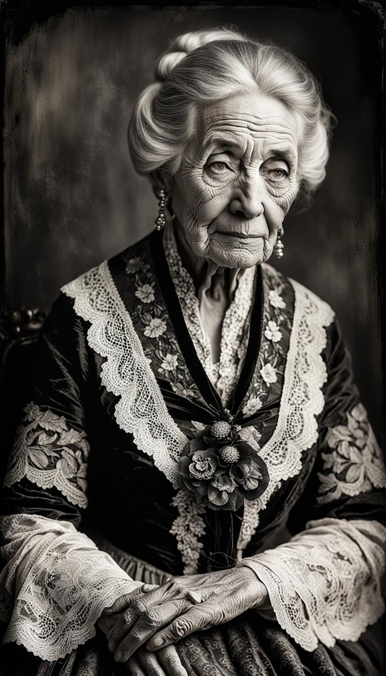 Elderly Woman in 18th Century Attire, Black and White Photo
