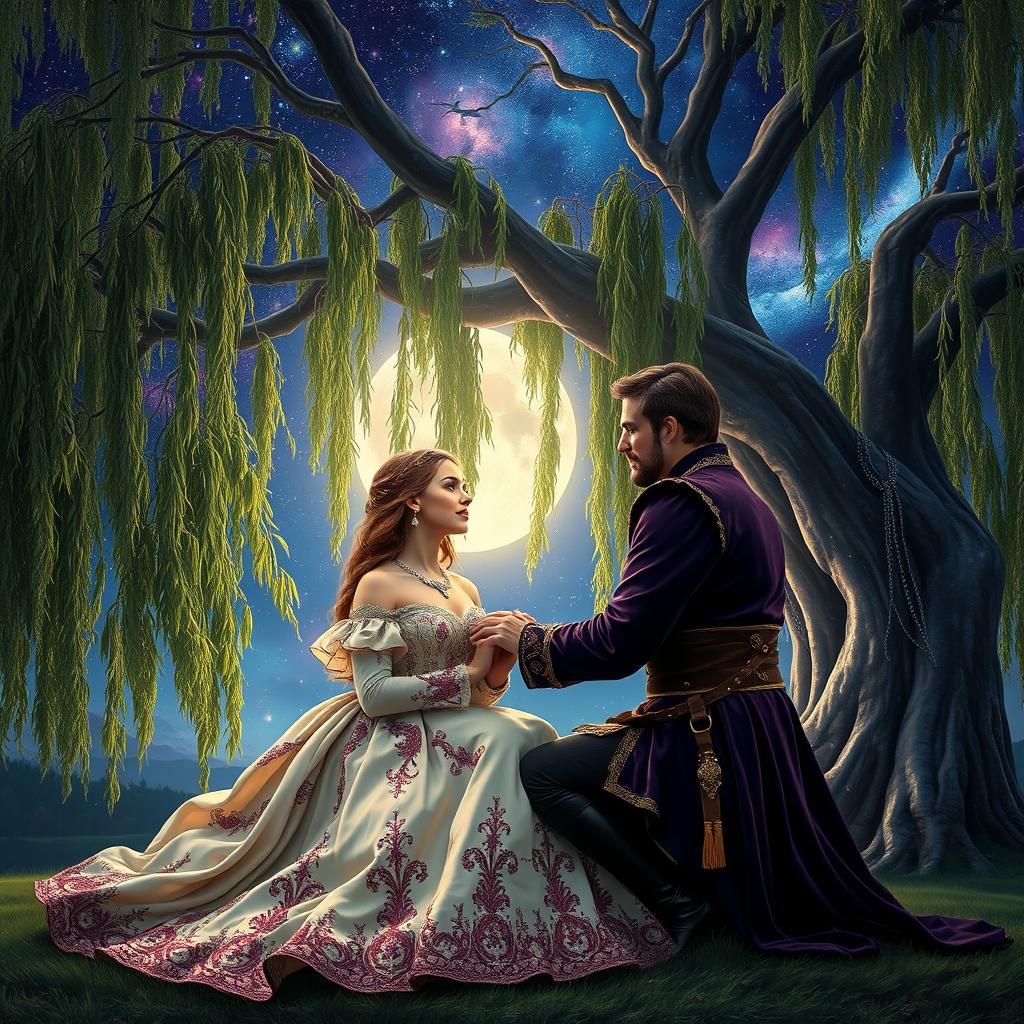 Medieval Love Scene Under Cosmic Sky