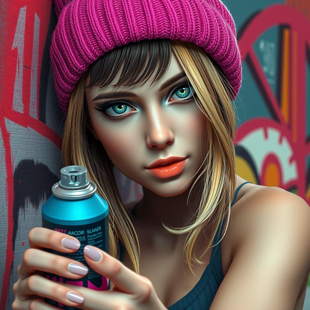 Stylized Woman in Vibrant Graffiti Attire