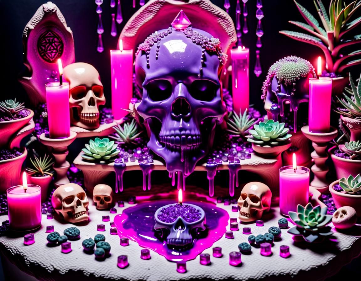 Goddess Altar with Neon Skull and Crystals