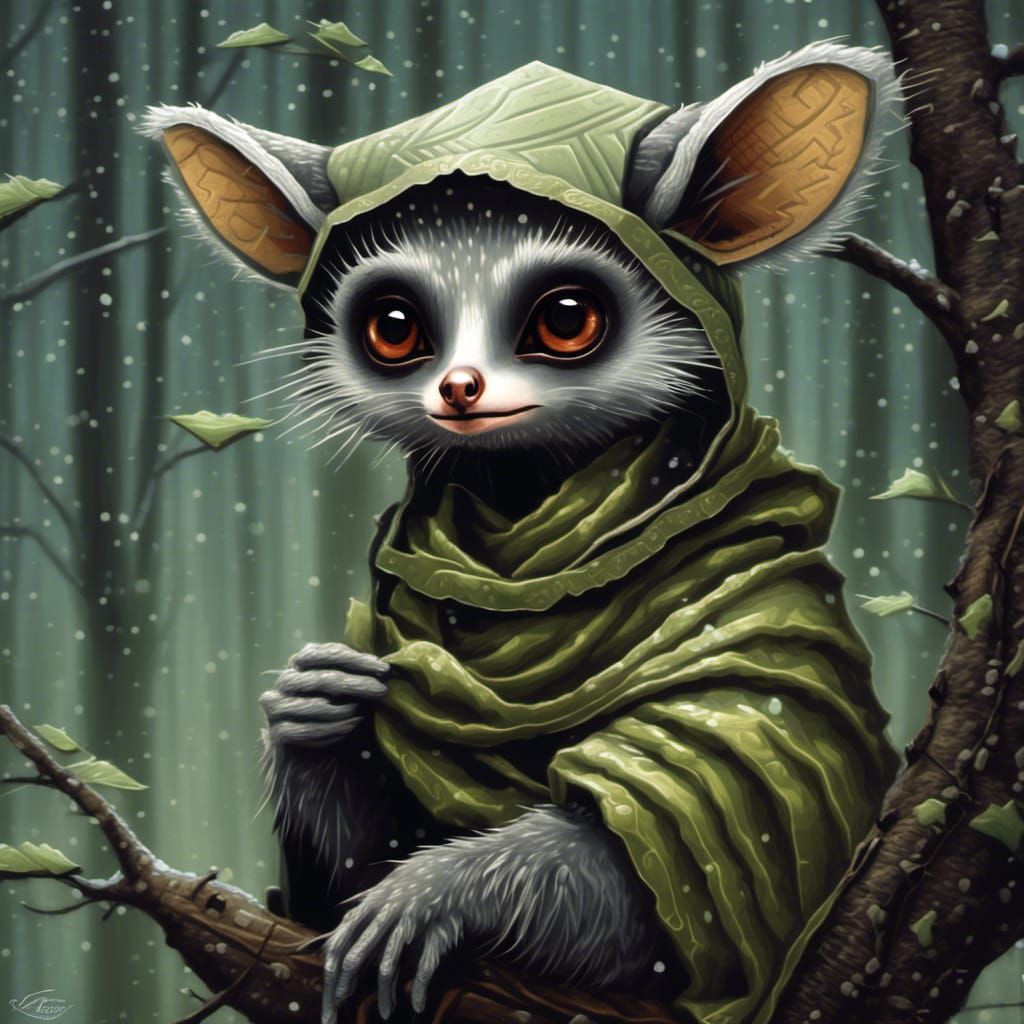 Whimsical Galago in Rainy Forest, Pop Surrealism