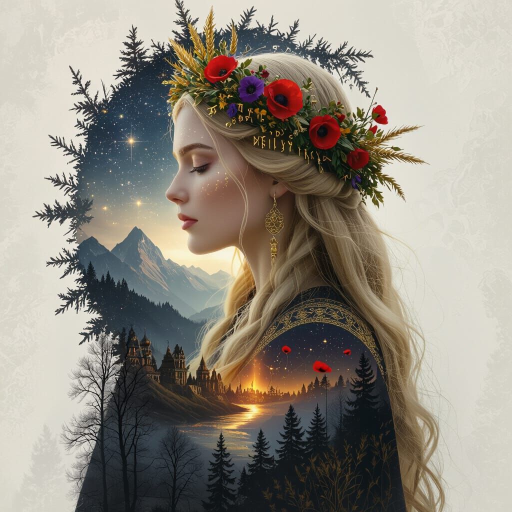 Slavic Priestess Double Exposure Portrait with Magical Lands...