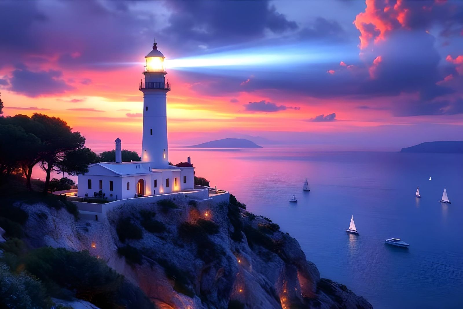 Lefkada Lighthouse at Dusk in Thomas Kinkade Style