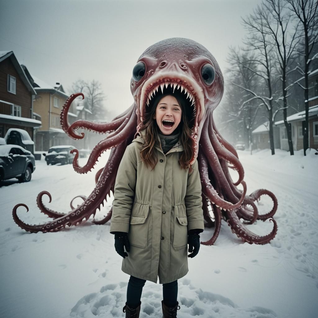 Surreal Girl with Squid in Mouth, Cinematic Still