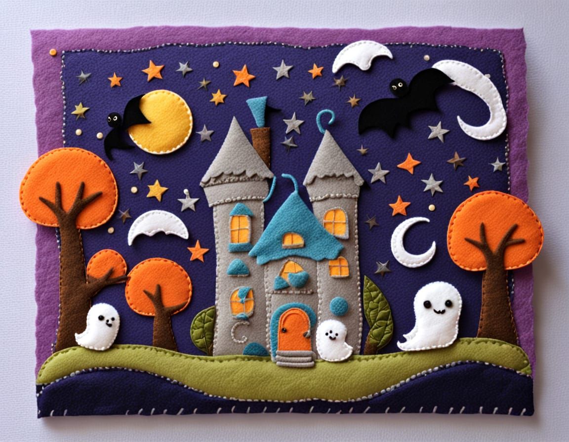Whimsical Felt Art: Spooky Mansion with Vampire and Ghosts