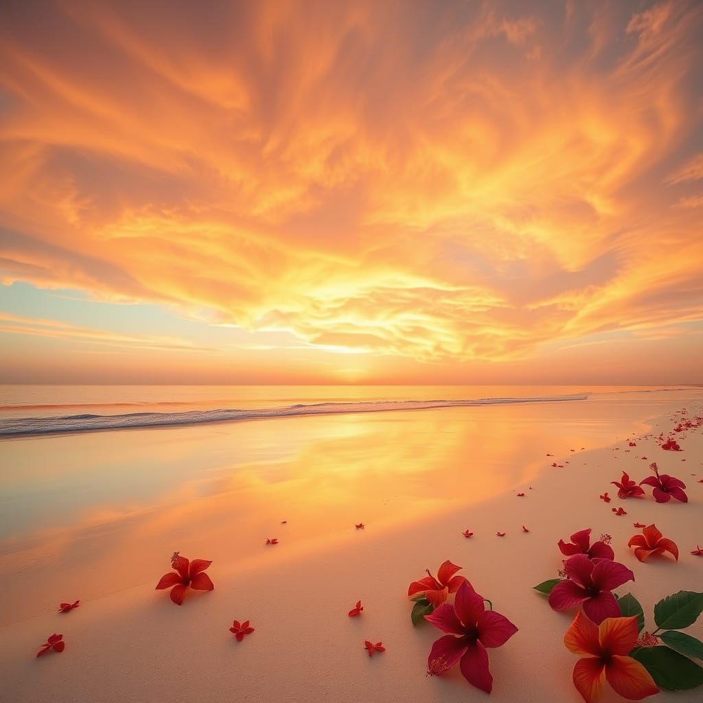 Sunrise Panorama Over Pristine Beach with Tropical Flowers