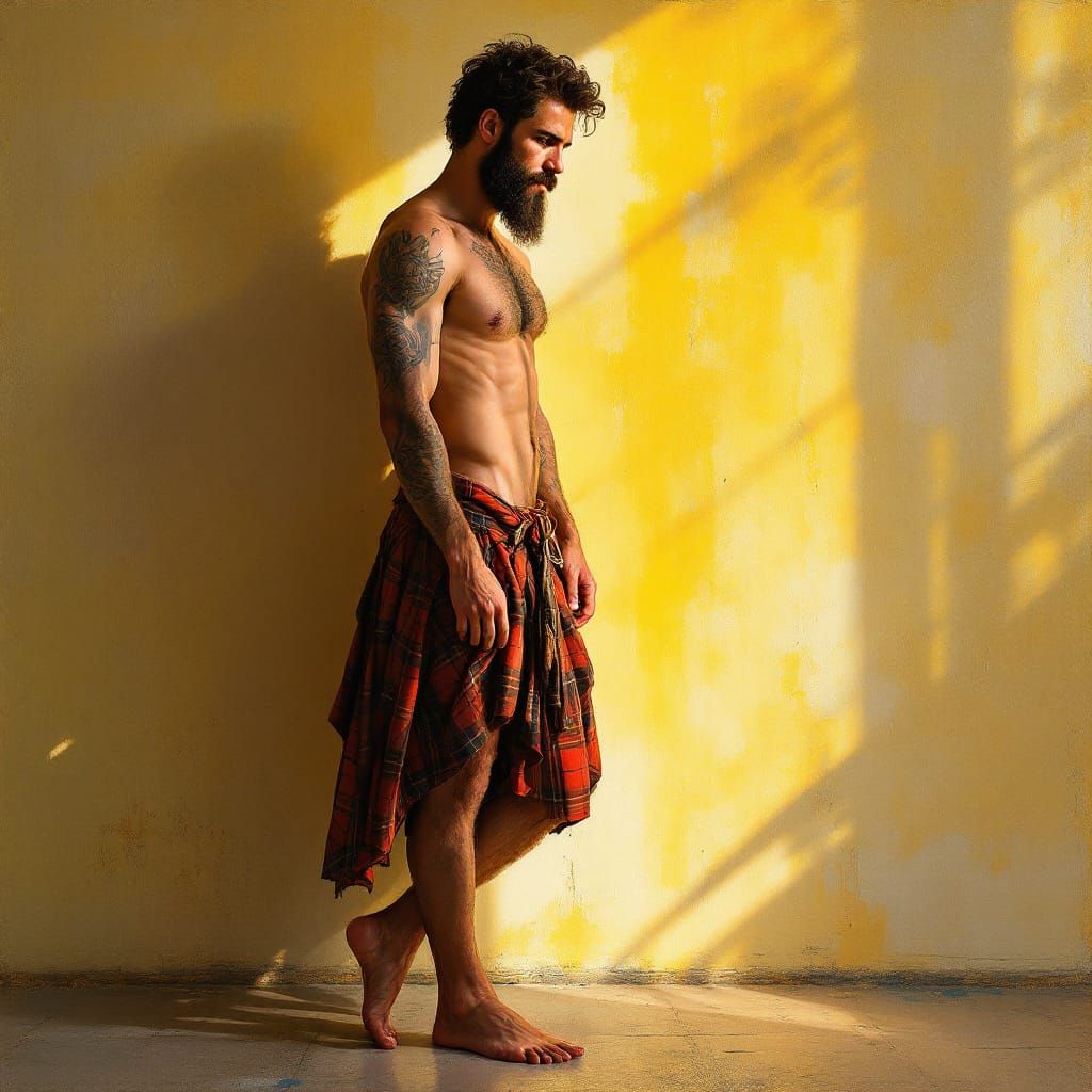 Man in Kilt Painted with Scottish Tartan and Summer Light