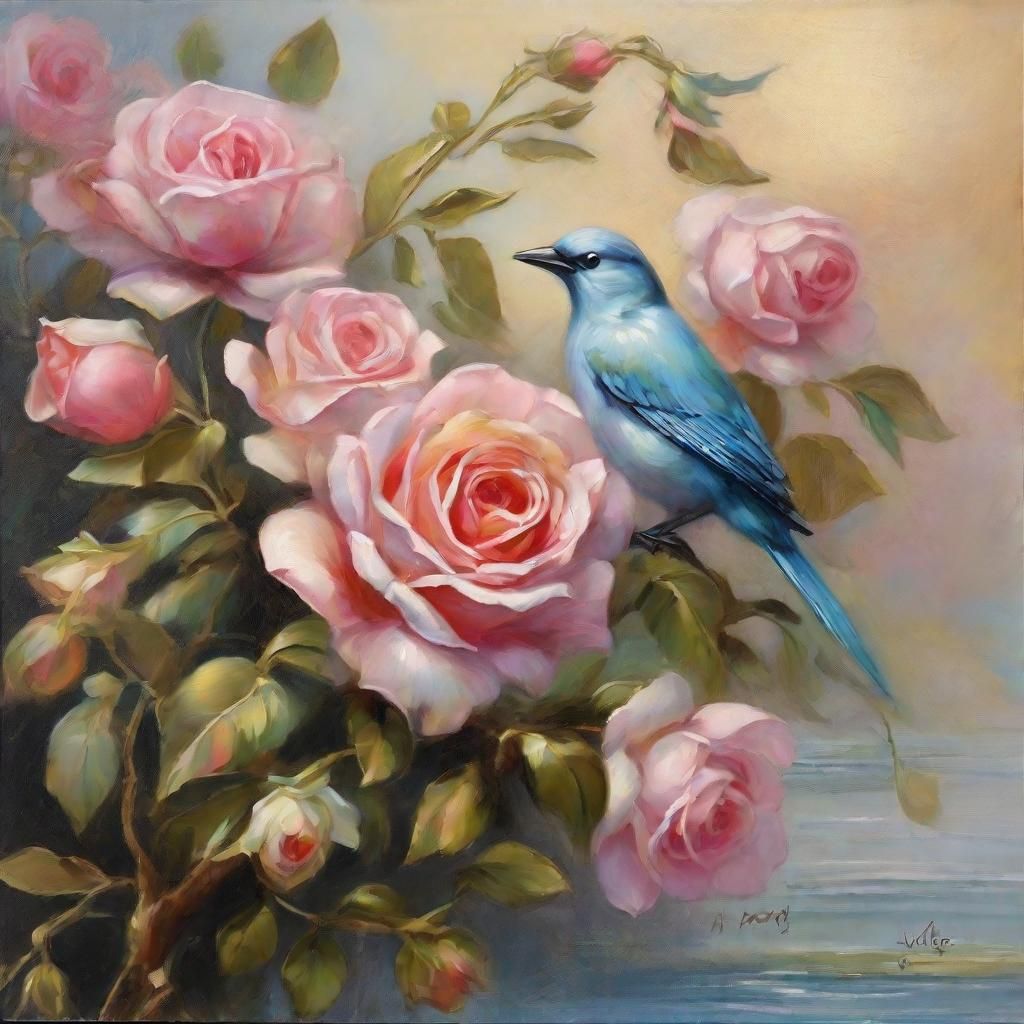 Baroque Rose Bush Seascape Storybook Illustration