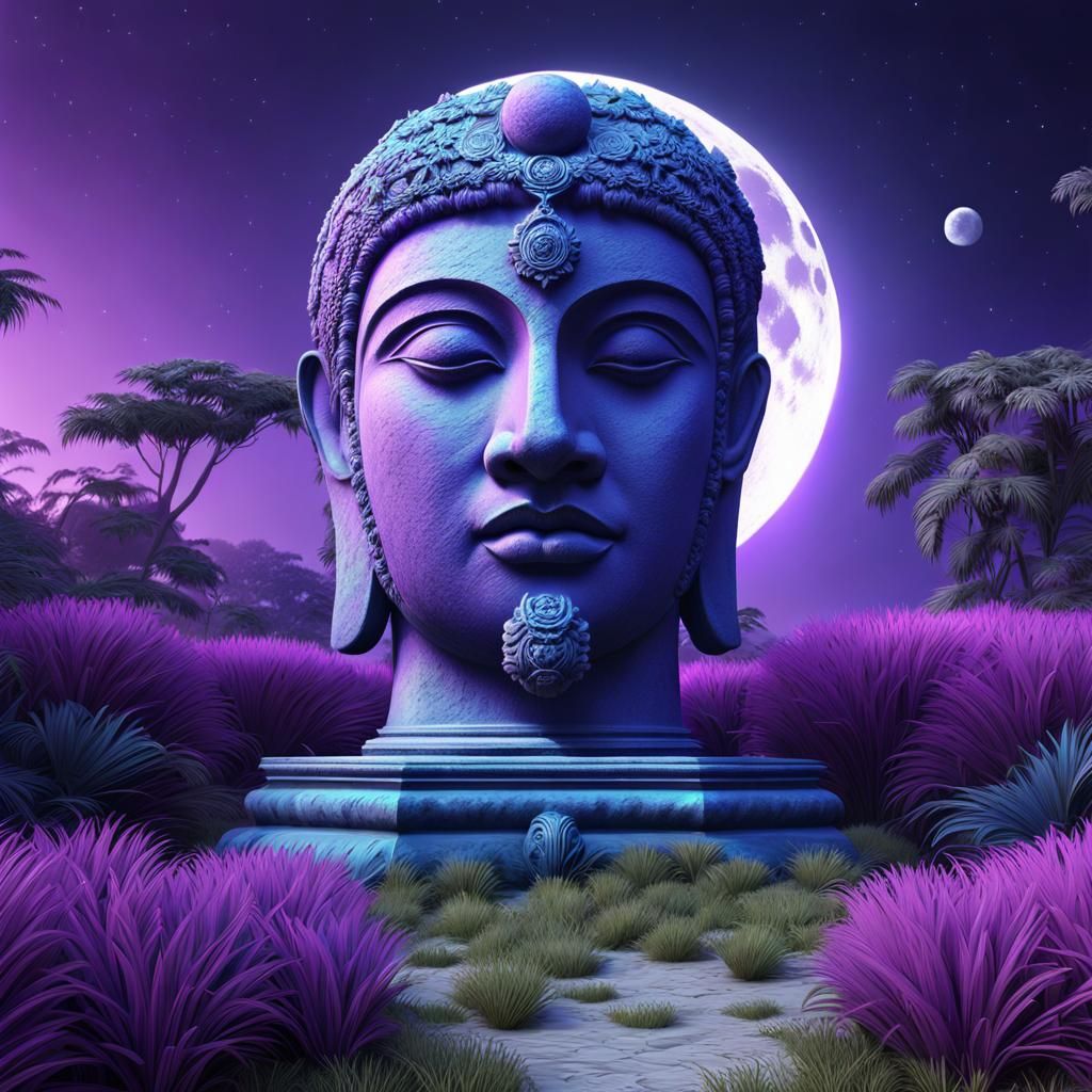 Mystical Jungle Landscape with Ancient Statue Head