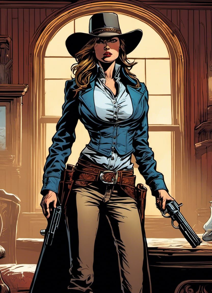 Female Gunslinger in Wild West Saloon, Comic Book Art