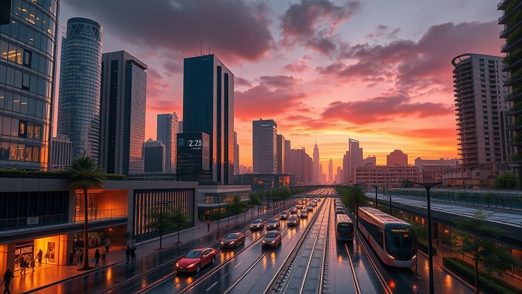 Ethereal Metropolis at Twilight in Cyberpunk Style