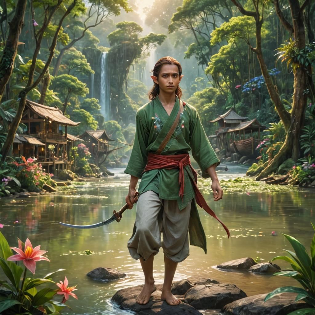 Young Male Elf Martial Artist in Rainforest River Village
