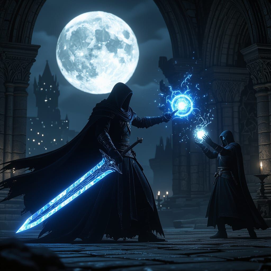 Fugitive Mage with Glowing Greatsword in Dark Fantasy Style